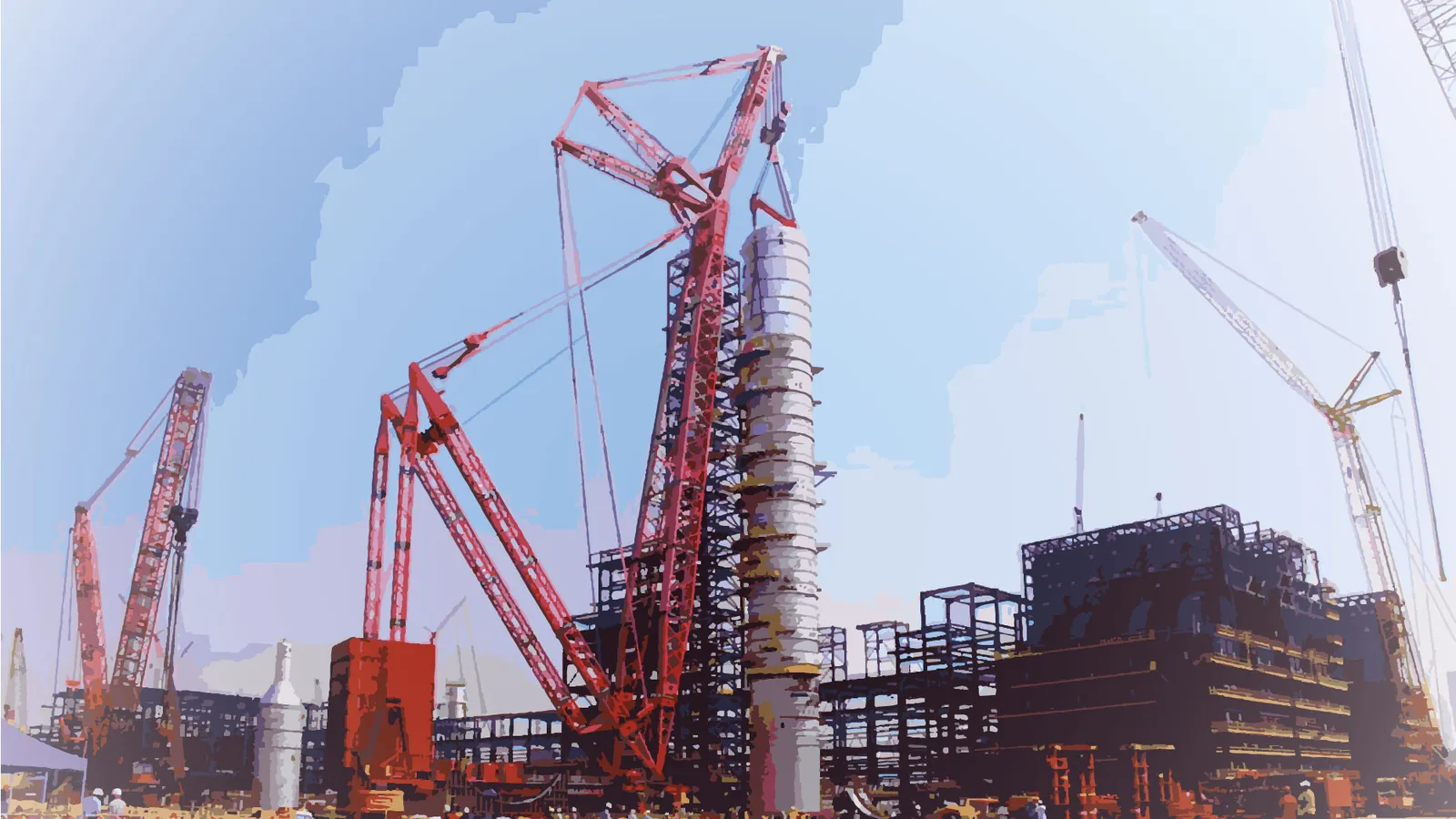 Red crawler cranes lifting a tall silver crude distillation column at the Dangote refinery construction site under a pale blue sky