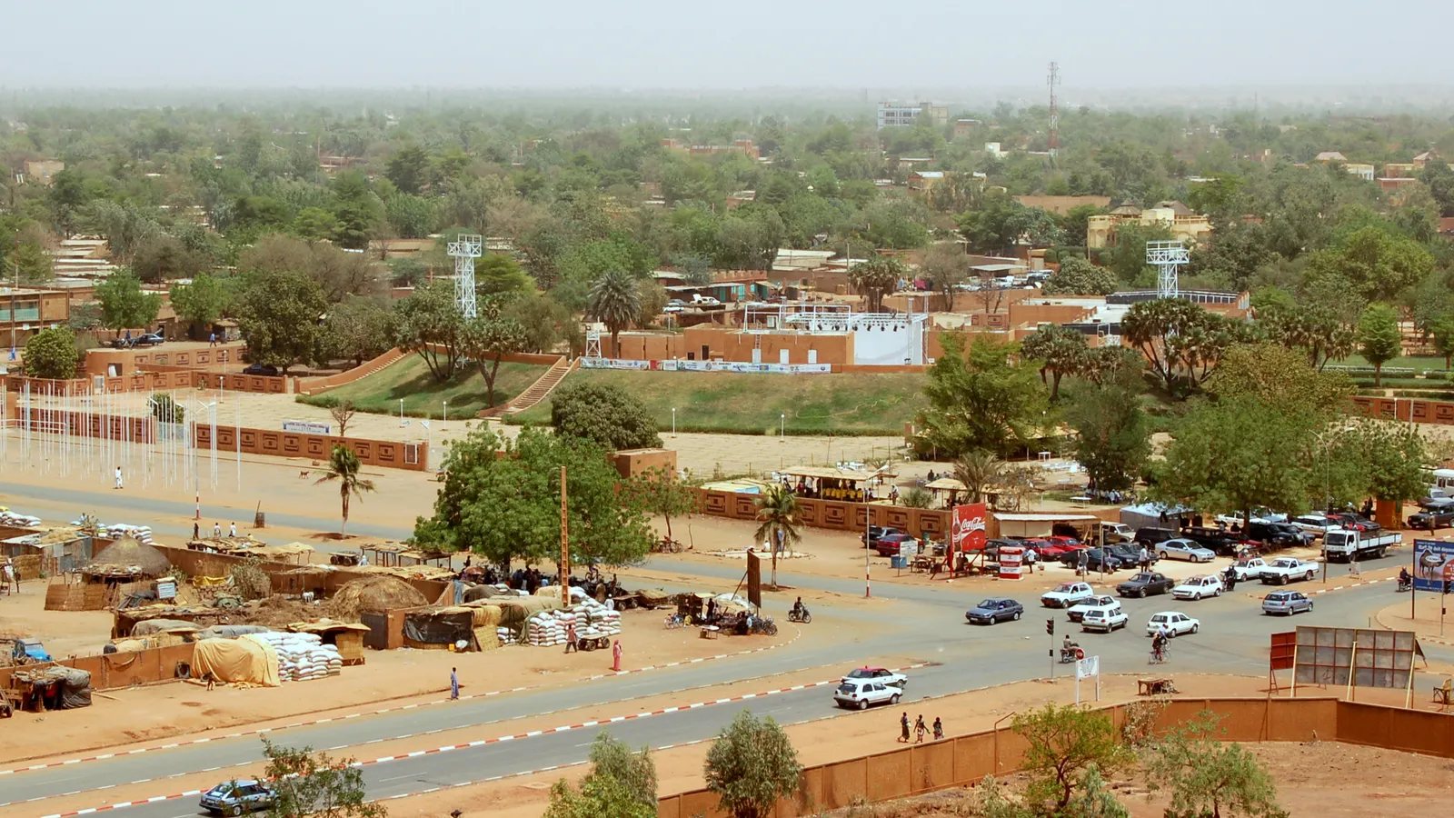View over central Niamey from the Grand Mosque, with market stalls and a main road